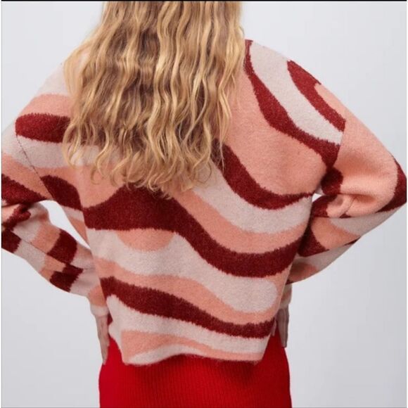 ZARA BLOGGER RED PINK RETRO MOD SWIRL JACQUARD KNIT MOCKNECK SWEATER TURTLENECK - Picture 11 of 13